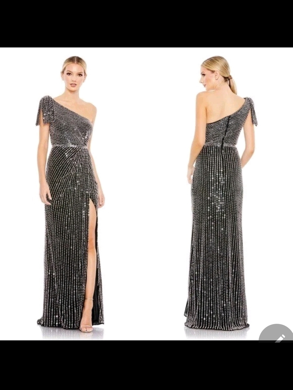 Mac Duggal One-Shoulder Black Sequin Evening Gown with Thigh Slit Women Size 4
